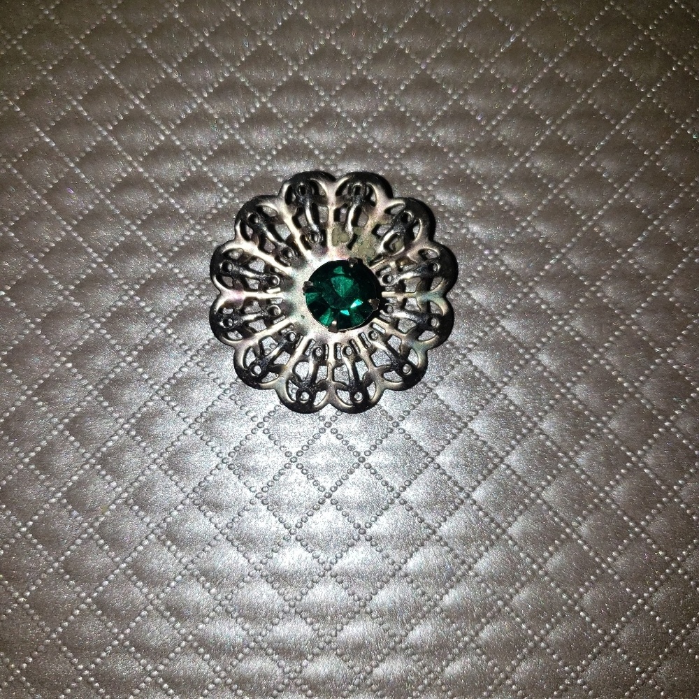 Vintage Sterling Silver Emerald Brooch